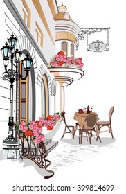 Series of backgrounds decorated with flowers, old town views and street cafes. Hand drawn Vector Illustration.

