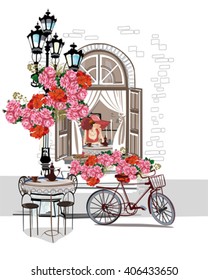 Series of backgrounds decorated with flowers, old town views and street cafes. Hand drawn Vector Illustration. 