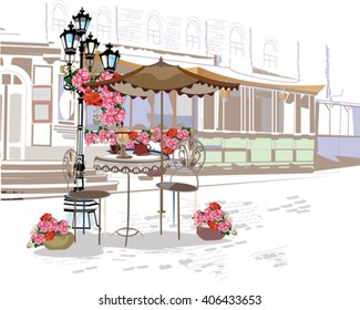 Series of backgrounds decorated with flowers, old town views and street cafes. Hand drawn Vector Illustration. 