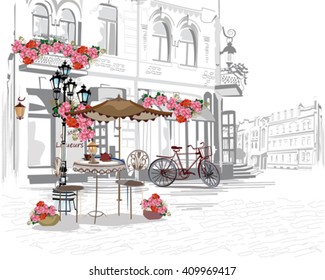 Series of backgrounds decorated with flowers, old town views and street cafes. Hand drawn Vector Illustration. 