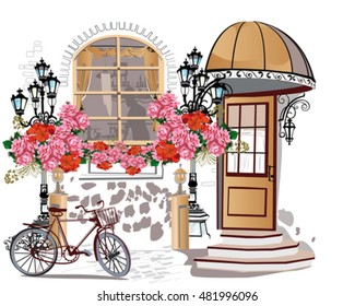 Series of backgrounds decorated with flowers, old town views and street cafes. Hand drawn Vector Illustration. 
