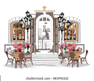 Series of backgrounds decorated with flowers, old town views and street cafes. Hand drawn Vector Illustration. 