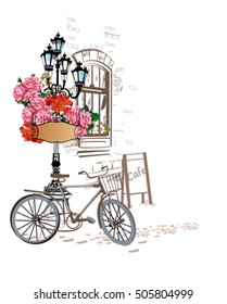 Series of backgrounds decorated with flowers, old town views and street cafes. Hand drawn Vector Illustration. 