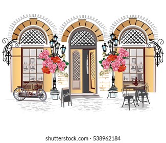 Series of backgrounds decorated with flowers, old town views and street cafes. Hand drawn Vector Illustration.
