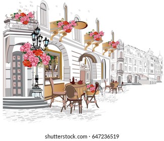 Series of backgrounds decorated with flowers, old town views and street cafes. Hand drawn Vector Illustration.
