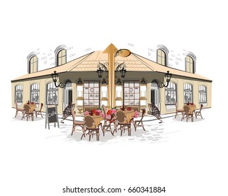 Series of backgrounds decorated with flowers, old town views and street cafes. Hand drawn Vector Illustration of retro windows and cafe tables.