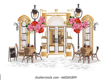 Series of backgrounds decorated with flowers, old town views and street cafes. Hand drawn Vector Illustration of retro windows and cafe tables.