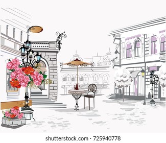 Series of backgrounds decorated with flowers, old town views and street cafes. Hand drawn Vector Illustration.
