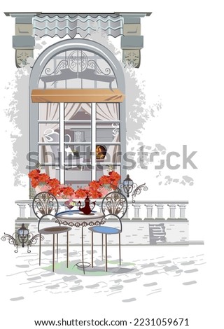 Series of backgrounds decorated with flowers, old town views and street cafes. Café window.   Hand drawn vector architectural background with historic buildings. 
