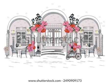 Series of backgrounds decorated with flowers, old town views and street cafes. Cafe window.   Hand drawn vector architectural background with historic buildings. 