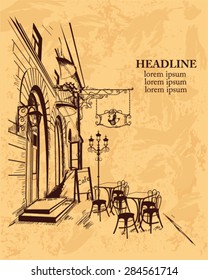 Series of backgrounds decorated with old town views and street cafes for brochures, flyers, for typographic purposes, banners. Hand drawn Vector Illustration.
