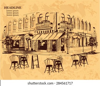 Series of backgrounds decorated with old town views and street cafes for brochures, flyers and other typographic purposes, online services. Hand drawn Vector Illustration.
