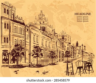 Series of backgrounds decorated with old town views and street cafes for brochures and other typographic purposes, on-line services. Hand drawn Vector Illustration.