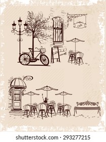 Series of backgrounds decorated with old town views and street cafes. Hand drawn Vector Illustration. 