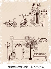 Series of backgrounds decorated with old town views and street cafes. Hand drawn Vector Illustration. 