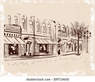 Series of backgrounds decorated with old town views and street cafes. Hand drawn Vector Illustration. 