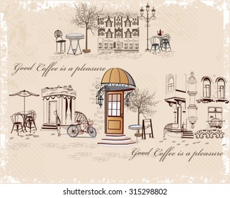 Series of backgrounds decorated with old town views and street cafes. Hand drawn Vector Illustration.