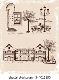 Series of backgrounds decorated with old town views and street cafes. Hand drawn Vector Illustration. 
