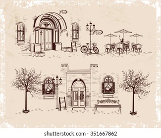 Series of backgrounds decorated with old town views and street cafes. Hand drawn Vector Illustration
