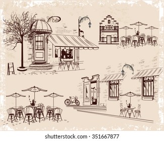 Series of backgrounds decorated with old town views and street cafes. Hand drawn Vector Illustration
