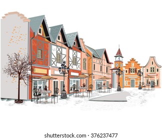 Series of backgrounds decorated with old town views and street cafes. Hand drawn Vector Illustration. 