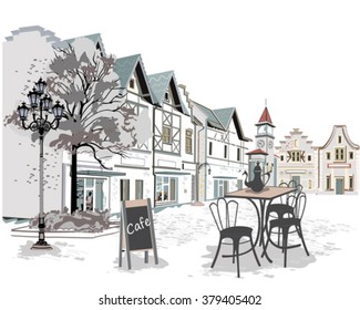 Series of backgrounds decorated with old town views and street cafes. Hand drawn Vector Illustration