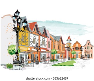 Series of backgrounds decorated with old town views and street cafes. Hand drawn Vector Illustration. 
