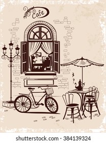 Series of backgrounds decorated with old town views and street cafes. Hand drawn Vector Illustration. 