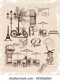 Series of backgrounds decorated with old town views and street cafes, sweets.  Paris. Hand drawn Vector Illustration. 