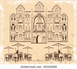 Series of backgrounds decorated with old town views and street cafes for brochures, flyers and other typographic purposes, online services. Hand drawn Vector Illustration.