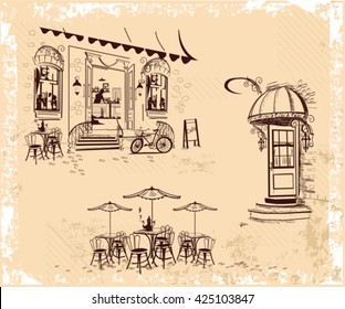 Serie de fondos decorados con vistas al casco antiguo y cafés callejeros. Ilustración vectorial dibujada a mano.