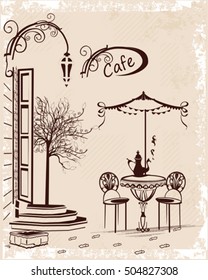 Una serie de fondos decorados con vistas al casco antiguo y cafeterías. Ilustración de vectores dibujados a mano.
