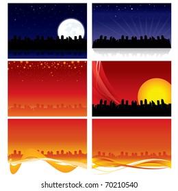 A series of backgrounds featuring a city skyline with various colored backdrops.