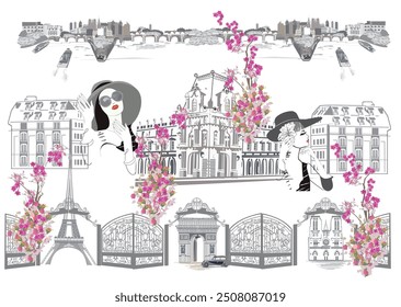 Serie de fondos con arquitectura francesa decorada con flores, hermosas chicas en París y cafés callejeros. Ilustración vectorial dibujada a mano.