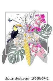 Series of backgrounds with summer and spring flowers. Floral decorations with blossom trees and birds. Vector illustration. 