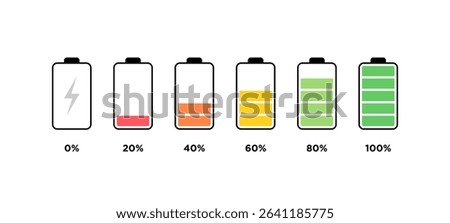 A series of battery icons representing different charge levels from empty to full. The icons range from 0% with a lightning bolt, to 100% filled with green.