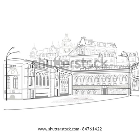 Series of beatiful views at the streets in the city sketch
