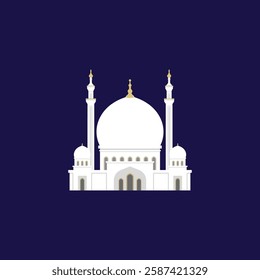 Series of beautiful white mosque medieval palace castle building with dark blue background in flat vector design illustration style