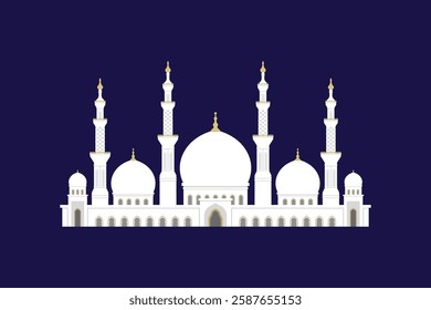 Series of beautiful white mosque medieval palace castle building with dark blue background in flat vector design illustration style