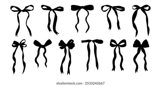 A series of black bows are shown in various positions. The bows are all the same size and shape, and they are all black. The image has a monochromatic color scheme, which gives it a simple