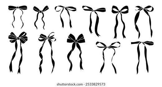 A series of black bows are shown in various positions. The bows are all different sizes and are arranged in a row. Concept of elegance and sophistication, as the bows are all neatly aligned