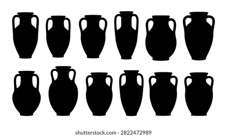A series of black ceramic vases arranged in two rows, showcasing traditional design and elegant craftsmanship suitable for home decor or art display.
