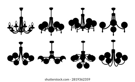 A series of black chandeliers showcasing different styles and sizes, perfect for interior lighting and decorative purposes.