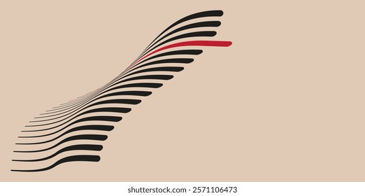 A series of black curved lines with a single red line intersecting them, set against a beige background. Bauhaus composition.