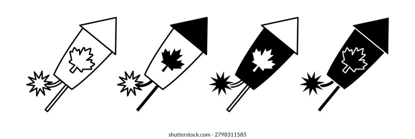 A series of black firework rocket with maple leaf icons illustrating various stages of launch and explosion, set against a plain white background.