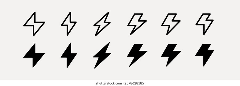 A series of black lightning bolt icons in various styles. Lightning bolt symbols repeated in different thicknesses, showcasing energy and power in design. User interface icons, UI icon vector set.