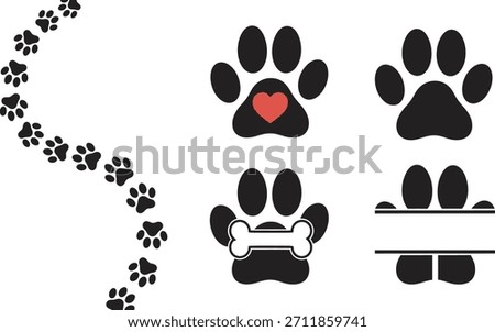 A series of black paw prints create a path towards a red heart and a bone shape, symbolizing love and pet companionship.