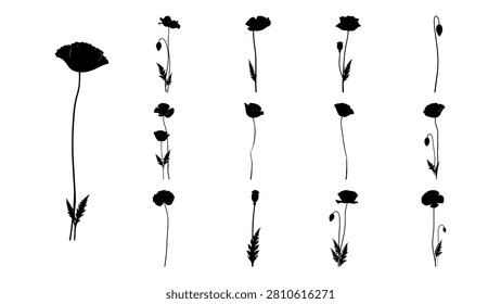 A series of black silhouettes depicting different types of flowers with varying shapes and sizes, arranged in a vertical pattern on a white background.