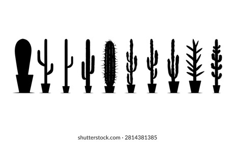 A series of black silhouettes depicting different types of cacti and succulents, showcasing diverse shapes and sizes in a minimalist style.