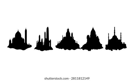 A series of black silhouettes showcasing famous city skylines with distinctive buildings and towers, emphasizing urban architecture and cityscape diversity.